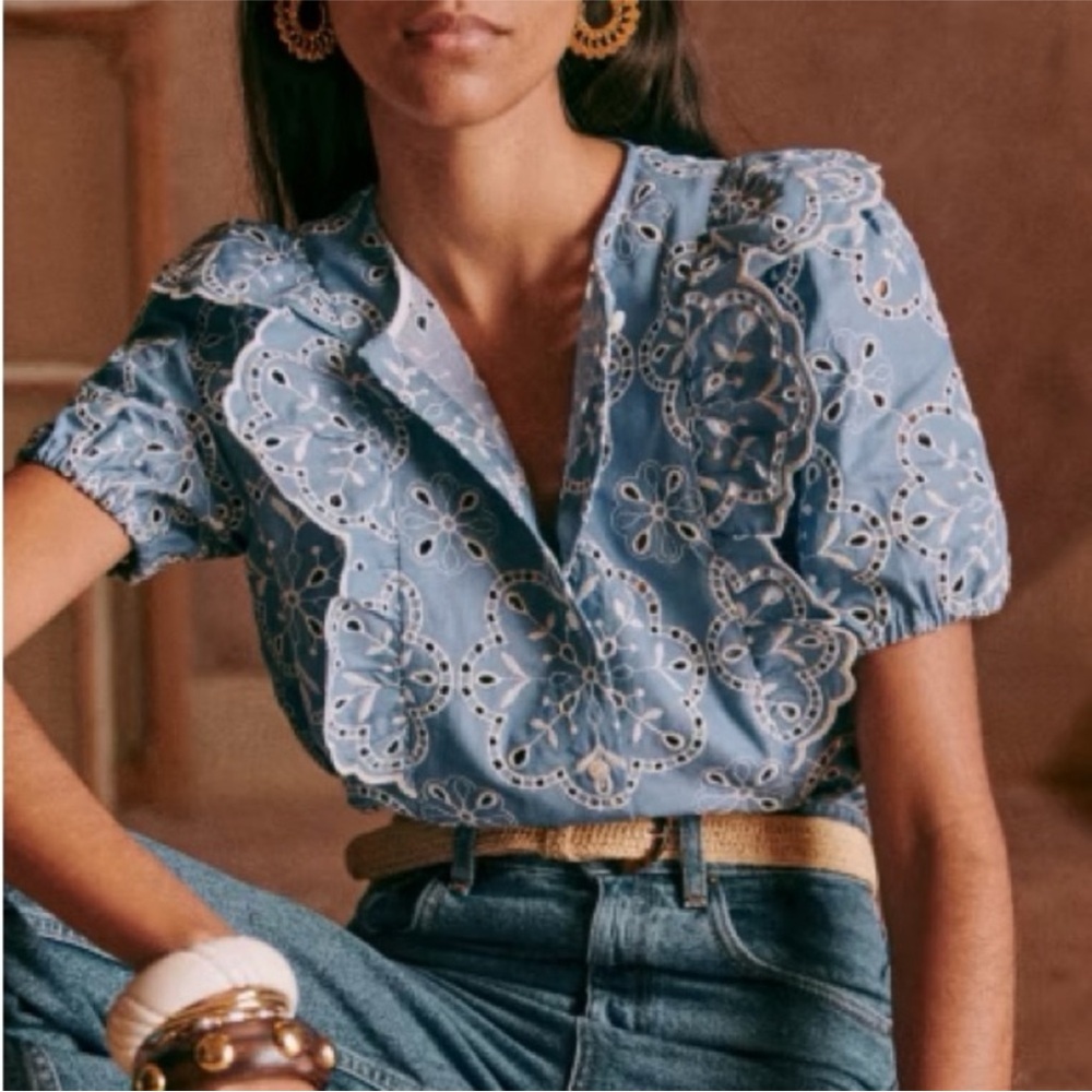 Sezane Blue Puff Sleeve Ruffled Blouse